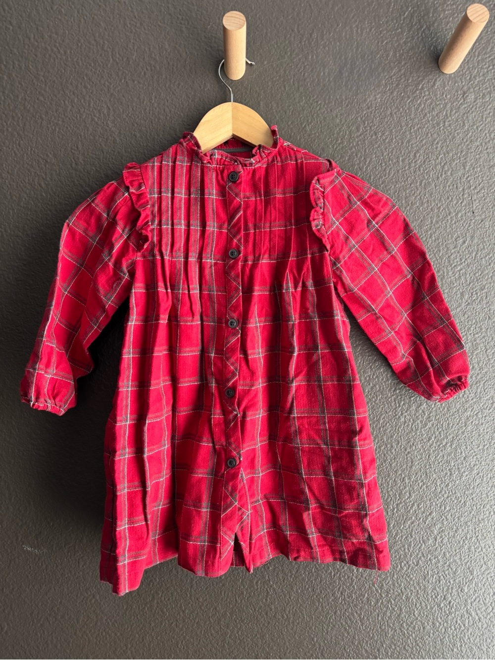 Zara Red Plaid Ruffle-Shoulder Button Dress